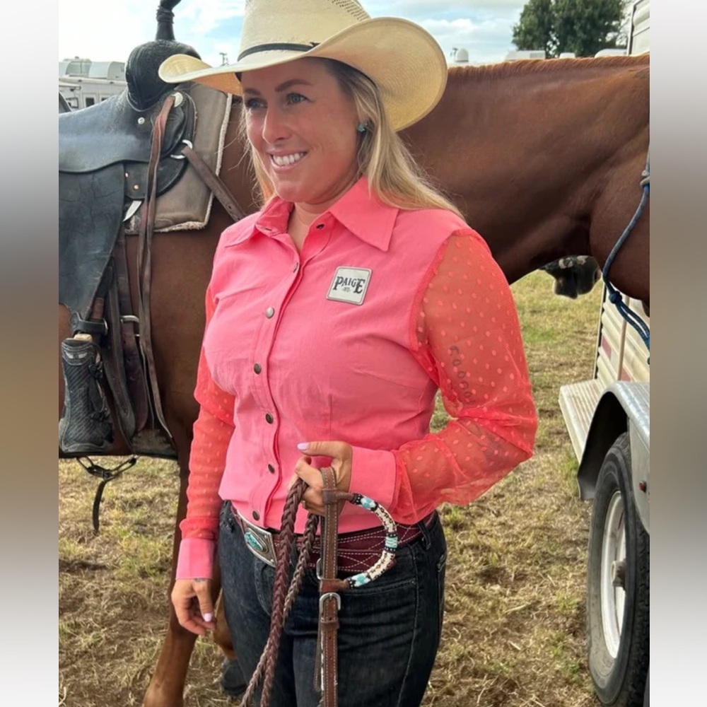 Paige 1912 Coral Button-Up Shirt with Sheer Long Sleeves